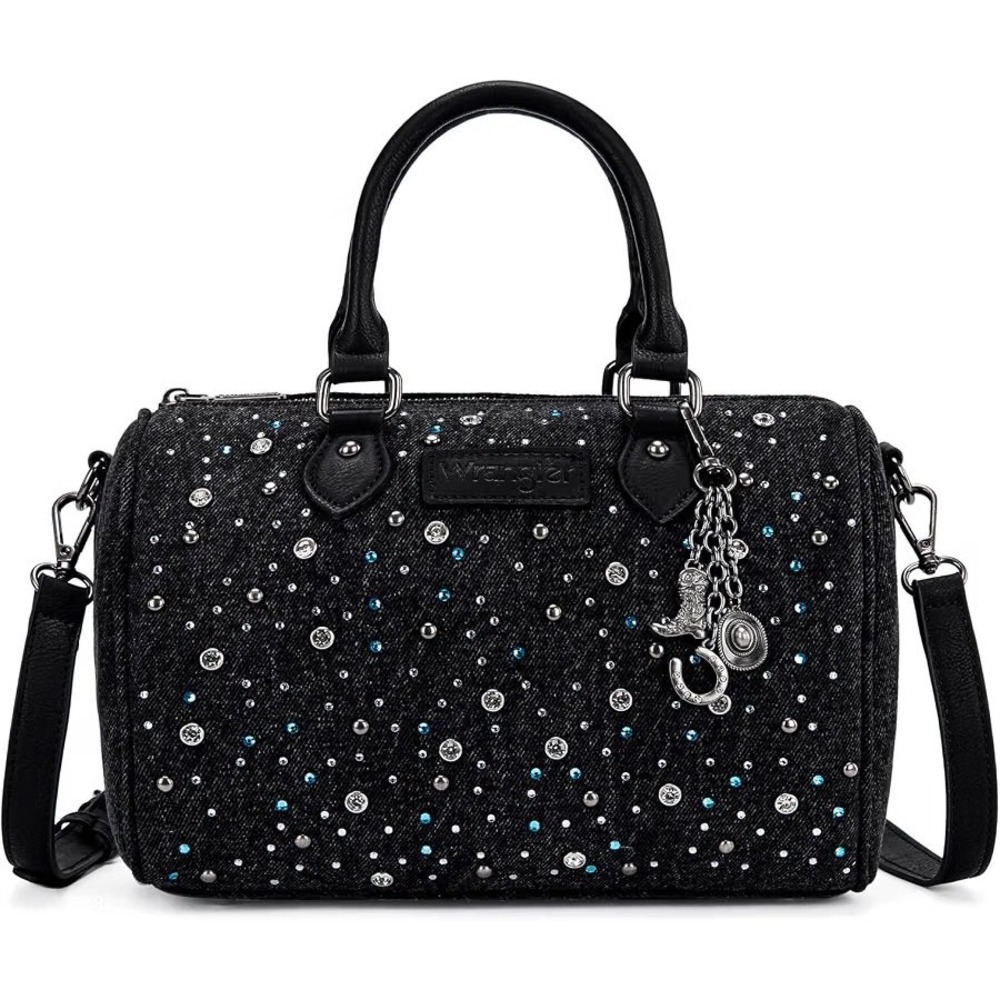 Montana West Wrangler Rhinestone Denim Barrel Bag Crossbody Satchel Purse Black - Picture 1 of 8